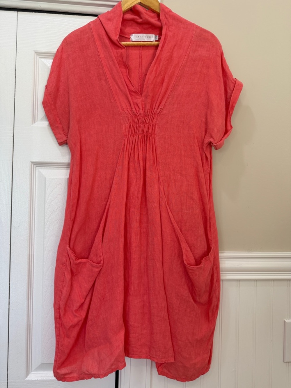 LASSITER Washed Coral V-Neck Linen Tunic with Gathered Front